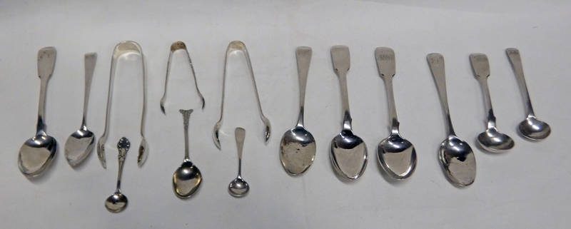 SELECTION OF VARIOUS GEORGIAN SILVER TEASPOONS, CONDIMENT SPOONS & PAIR OF SUGAR TONGS,