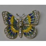 YELLOW METAL BLUE ENAMEL & DIAMOND BUTTERFLY BROOCH - 3.