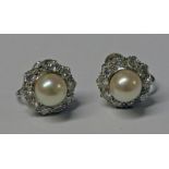 PAIR OF CULTURED PEARL & DIAMOND CLUSTER EARRINGS, THE BRILLIANT CUT DIAMONDS APPROX. 0.