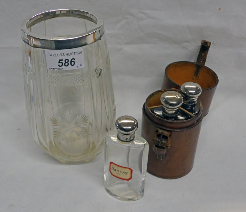 SILVER MOUNTED GLASS VASE AND LEATHER CASED 3 - SECTION GLASS SPIRIT SET WITH SILVER PLATED MOUNTS