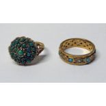 9CT GOLD TURQUOISE CLUSTER RING AND 9CT GOLD TURQUOISE PEARL & TURQUOISE ETERNITY RING - 7.