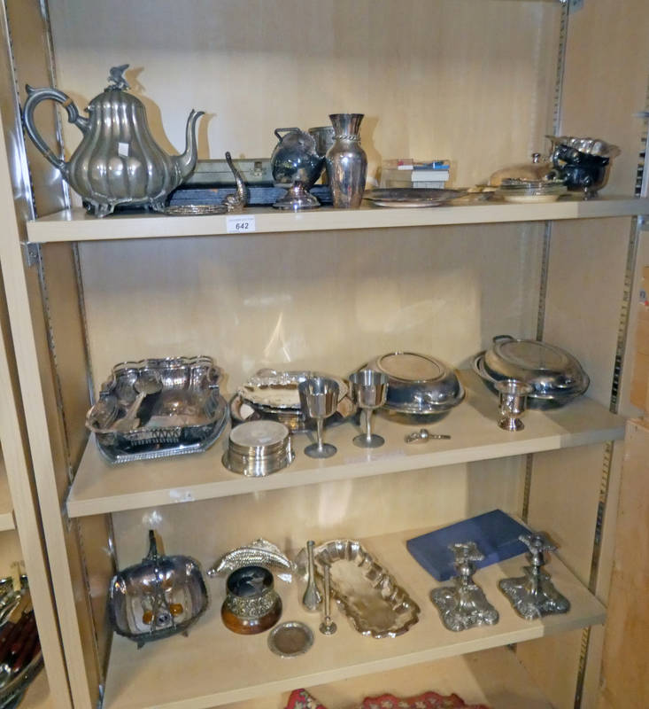 LARGE SELECTION OF SILVER PLATED WARE INCLUDING PAIR CANDLESTICKS, PAIR ENTREE DISHES ,