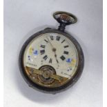 GUN METAL 8 - DAY OPENFACE POCKETWATCH WITH ENAMEL DECORATED DIAL AND OPEN ESCAPEMENT