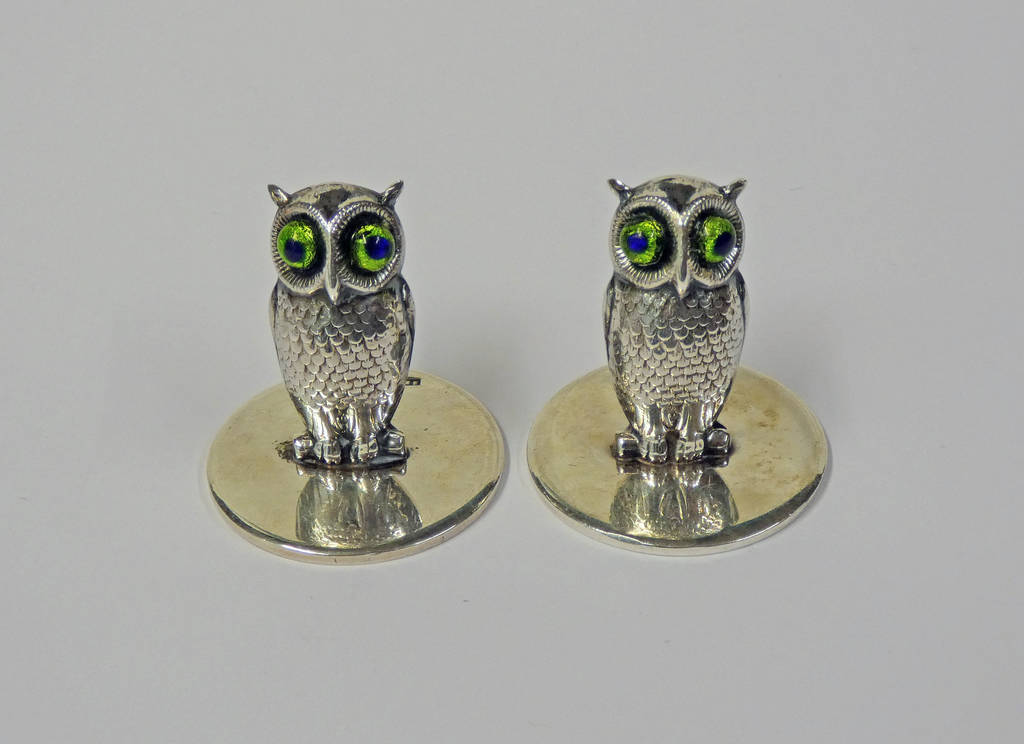 LOT WITHDRAWN - PAIR SILVER OWL NAME PLACE HOLDERS BY SAMPSON MORDAN & CO,