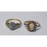 9CT GOLD DIAMOND CLUSTER RING & 9CT GOLD CAMEO RING - 4.