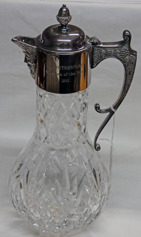 SILVER MOUNTED CUT GLASS CLARET JUG,