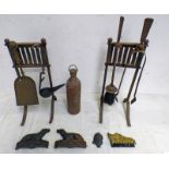 2 CAST IRON DOG DOOR STOPS, BRASS SHOE, COPPER BOTTLE, WROUGHT IRON COMPANION SET,