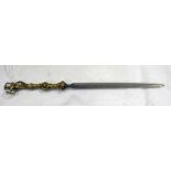 A 19TH CENTURY STILETTO WITH THIN TAPERING BLADE AND DECORATED BRASS HILT 15.