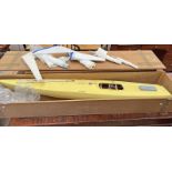 MODEL POND YACHT, YELLOW, WITH SAILS IN CUSTOM MADE WOODEN TRANSPORT CASE,