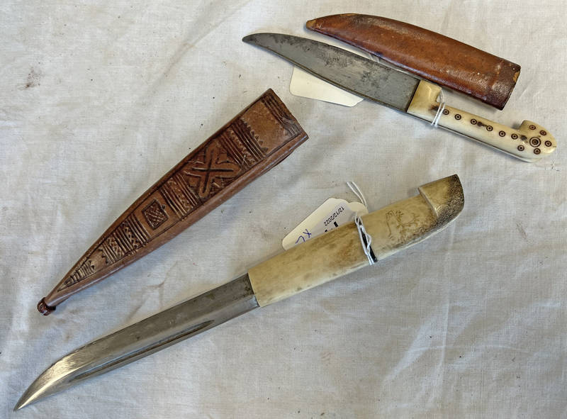 TWO CRETAIN / BALKAN KNIVES WITH BONE GRIPS AND LEATHER SCABBARDS