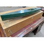 MODEL POND YACHT, GREEN, WITHOUT SAILS IN CUSTOM MADE WOODEN TRANSPORT CASE,