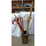 ART POTTERY STICK STAND AND VARIOUS WALKING STICKS,