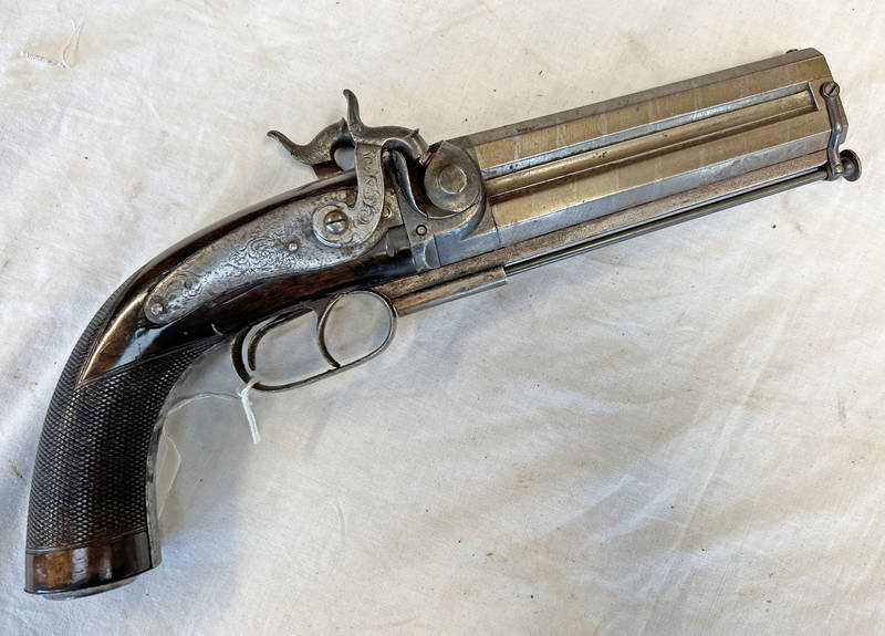 19TH CENTURY OVER AND UNDER DOUBLE BARREL PERCUSSION HOWDAH PISTOL, 28 BORE, 13.