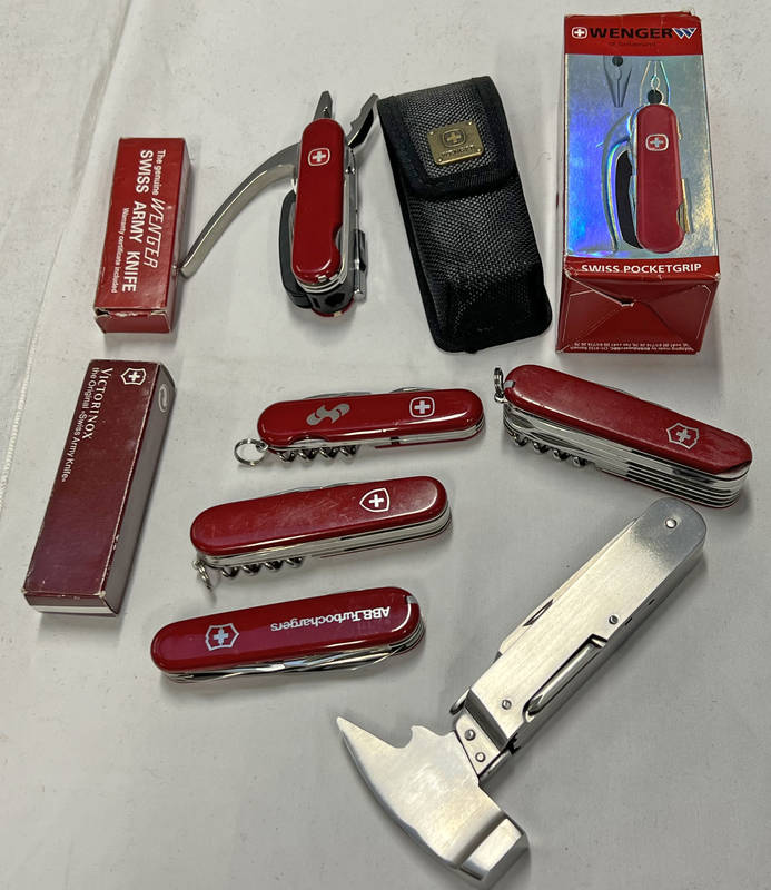 SELECTION OF POCKET TOOLS TO INCLUDE WENGER SWISS POCKET GRIP, WENGER SWISS ARMY KNIFE,