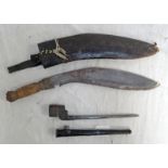 KUKRI WITH WOODEN GRIP AND LEATHER SCABBARD AND A BRITISH SPIKE BAYONET -2-
