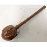 19TH CENTURY FIJIAN IRONWOOD ULA WITH LARGE GLOBULAR HEAD ON A CARVED SHAFT WITH OLD LABEL