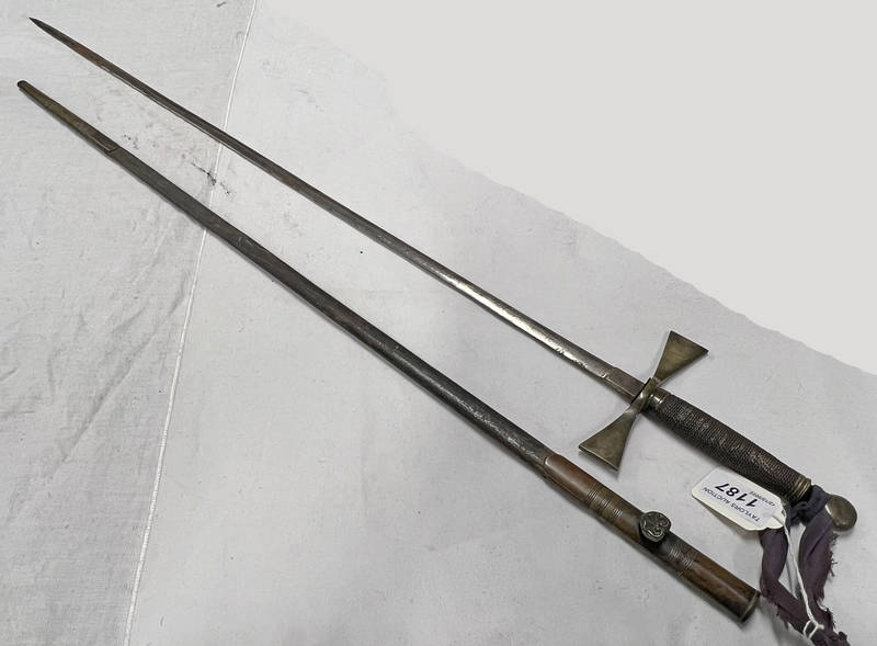 FRATERNITY SWORD WITH 71 CM LONG STEEL BLADE WITH REMAINS OF ETCHED DECORATION,