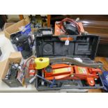 GOOD SELECTION OF TOOLS TO INCLUDE 2 TONNE HYDRAULIC TROLLEY JACK, ULTIMATE SPEED COMPRESSOR,