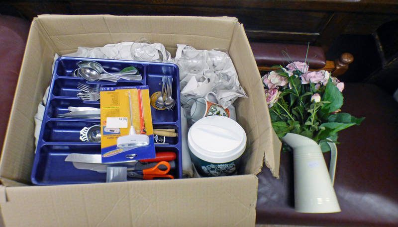 GOOD SELECTION OF GLASSES, CUTLERY, ETC, & 1 BOX. THIS LOT IS SOLD PLUS VAT ON THE HAMMER PRICE.