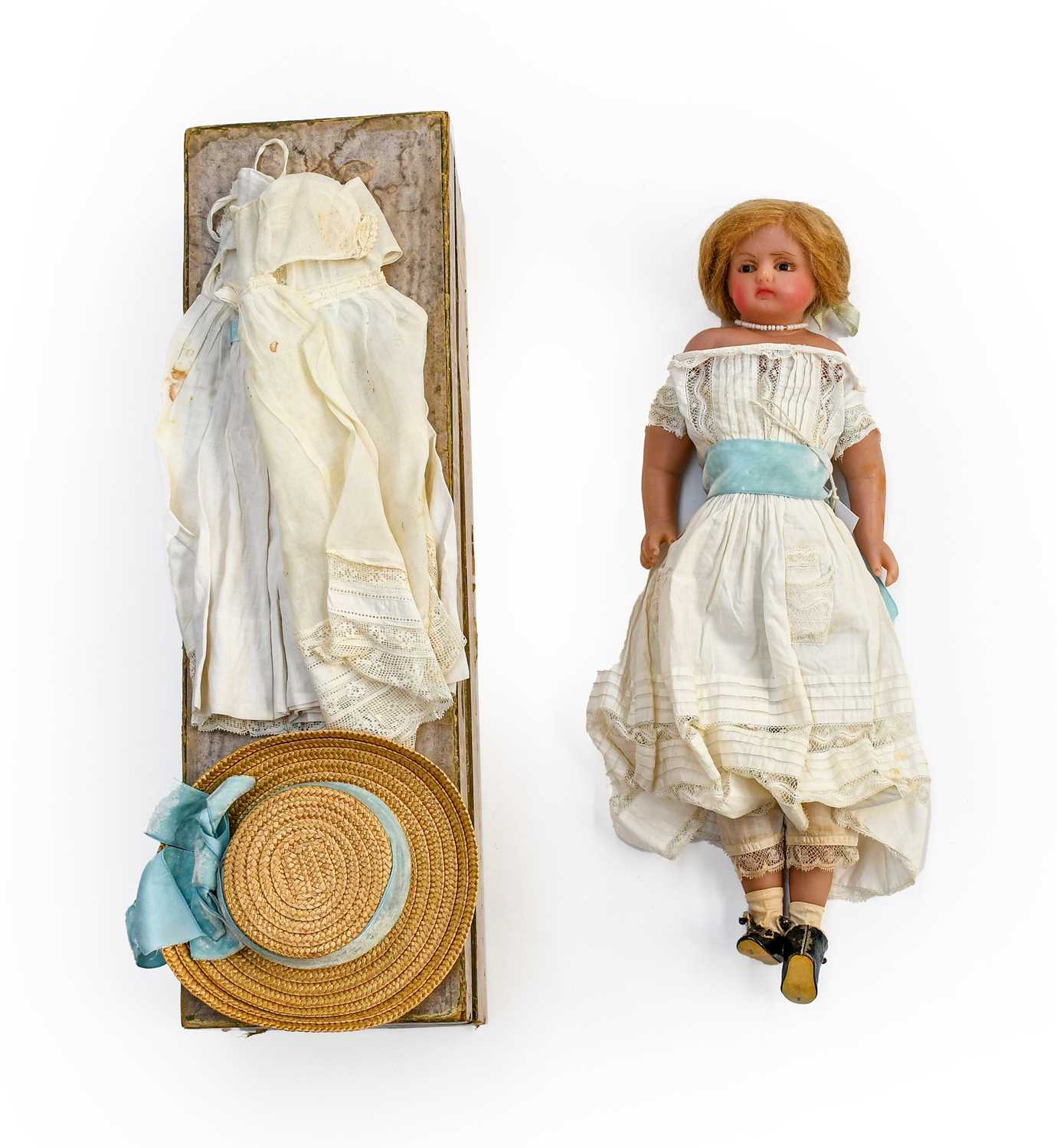 Circa 1850s Wax Shoulder Head Doll of Princess Louise, with glass eyes, blond wig, wax lower arms