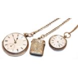 A silver open faced lever pocket watch, lady's fob watch with case stamped 0.935, silver vesta case,