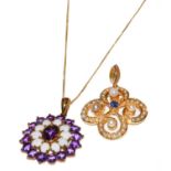 A split pearl pendant, length 3.4cm; and a 9 carat gold opal and amethyst cluster pendant on a 9