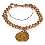 A curb link bracelet, each link stamped '18', hung with a sovereign dated 1897Condition report: