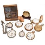 Three gold plated pocket watches signed Waltham, two other plated pocket watches signed Record and