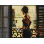 Fabian Perez (b.1967) Argentinean "At the Balcony"Signed, inscribed verso, oil on board, 21.5cm by