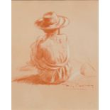 Roy Petley (b.1951)Girl seated wearing a sunhatSigned, conte crayon, 40cm by 32cmArtist's Resale