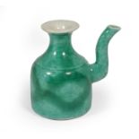 A Chinese Green Glazed Porcelain Ewer, 19th century, of ovoid form with flared neck and scrolled