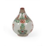 A Chinese Porcelain Bottle Vase, Kangxi, painted in famille verte enamels with auspicious objects