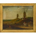 Flemish School (17th century)Figures haymaking in a landscape with windmills and travellers in a