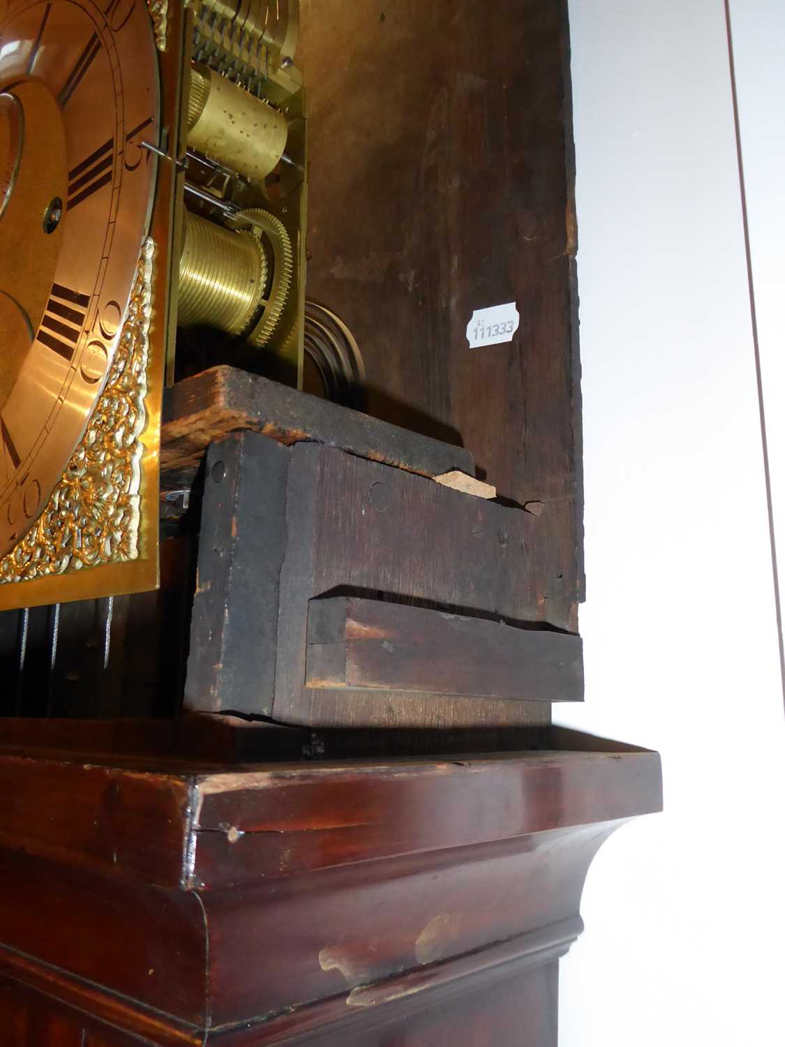 A Mahogany Quarter Chiming Longcase Clock, swan neck pediment, trunk with blind fretwork canted - Image 8 of 15