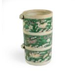 A Chinese Porcelain Cylindrical Box, Kangxi, with mask handles, painted in famille verte enamels
