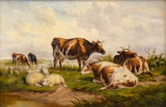 Follower of Thomas Sidney Cooper RA (1803-1902) Cattle and sheep at rest in a Summer landscape