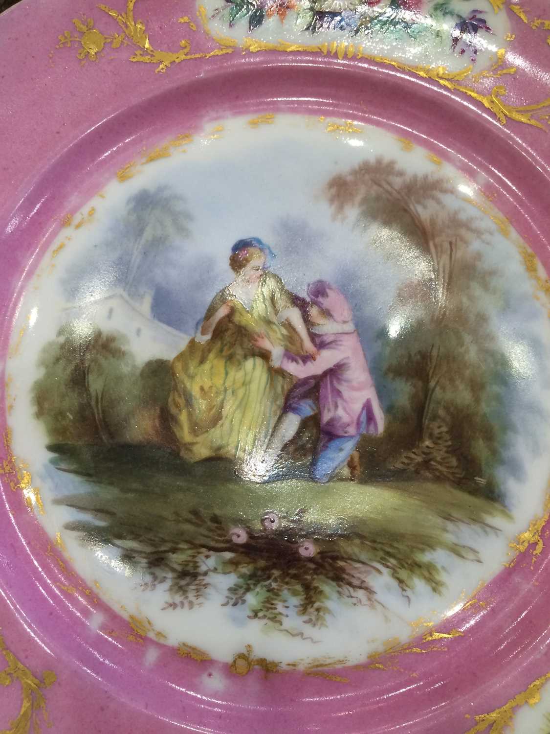 A Sevres-Style Porcelain Dessert Service, late 19th century, painted with Watteauesque figures in - Image 6 of 12