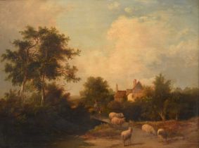 Circle of John Crome (1768-1821) Shepherd in a river landscape Oil on panel, 44cm by 59cm