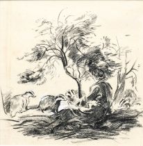 Eileen Soper RMS, SWLA (1905-1990) "Cubs playing around Eileen by the foot of the Hawthorn" Pencil