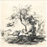 Eileen Soper RMS, SWLA (1905-1990) "Cubs playing around Eileen by the foot of the Hawthorn" Pencil