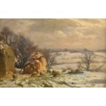 William Greaves (1852-1938) Sheep grazing beside a hayrick in a Winter landscape Signed and dated