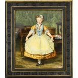 A Minton's Art Pottery Plaque, circa 1870, painted with a young girl in a gold, blue and lemon