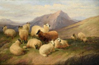 Circle of Thomas Sidney Cooper RA (1803-1902) Sheep grazing and at rest in heather moorland Oil on
