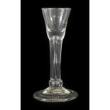 An Irish Cordial Glass, circa 1745, the drawn ogee bowl with teared plain stem and basal knop on