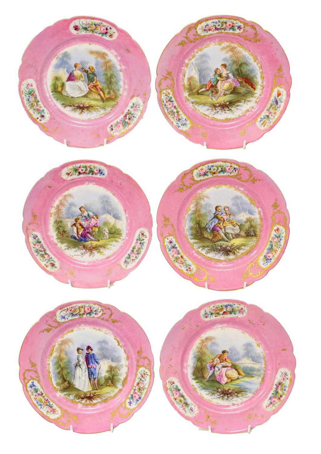 A Sevres-Style Porcelain Dessert Service, late 19th century, painted with Watteauesque figures in - Image 3 of 12