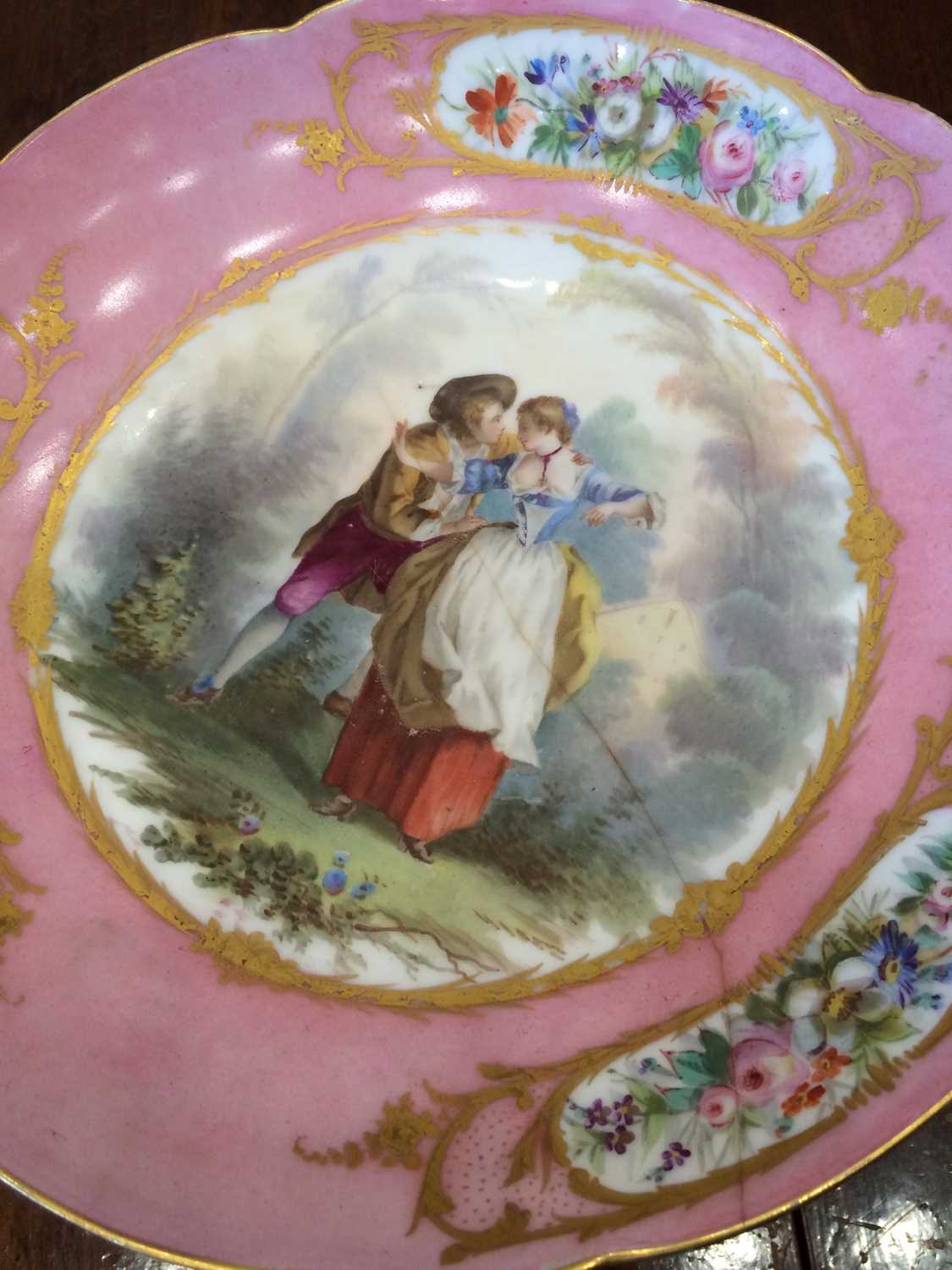 A Sevres-Style Porcelain Dessert Service, late 19th century, painted with Watteauesque figures in - Image 10 of 12