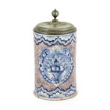 A German Pewter-Mounted Faience Tankard, circa 1740, of cylindrical form, painted in blue with a