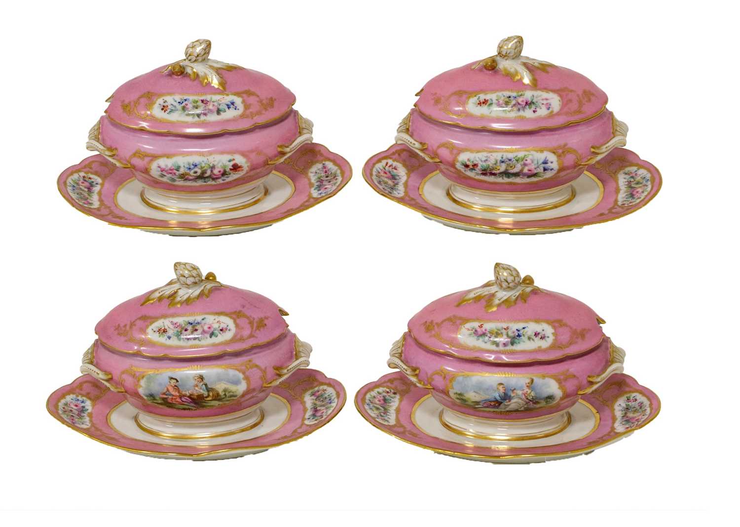 A Sevres-Style Porcelain Dessert Service, late 19th century, painted with Watteauesque figures in - Image 4 of 12