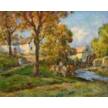 Owen Bowen (1873-1967) Horses watering beside a mill Signed, oil on canvas board, 39cm by 48.