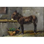 Attributed to Arthur Batt (1846-1911)Standing donkey in a stableOil on canvas, 22.5cm by